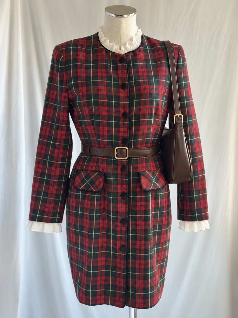 Vintage Donna Ricco Red and Black Plaid Dress w/ Velvet Trim | Size Small